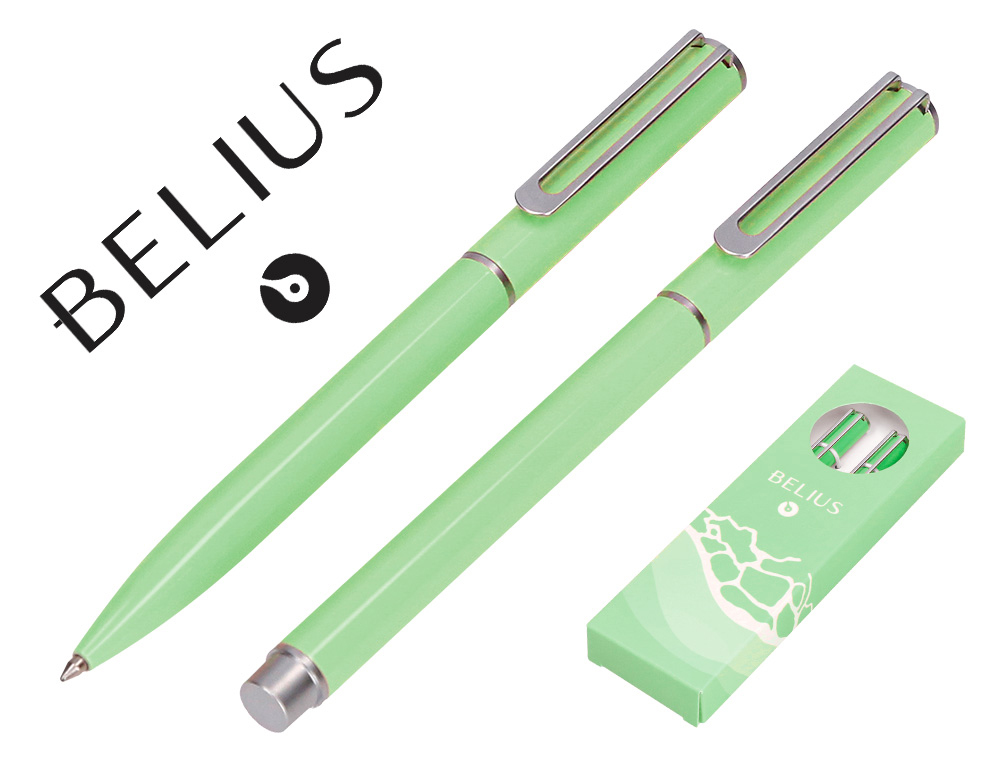 CONJUNTO ESFEROGRAFICA E ROLLER BELIUS ENDLESS SUMMER ALUMINIO DESENHO VERDE E PRATEADO TINTA AZUL CAIXA DESIGN