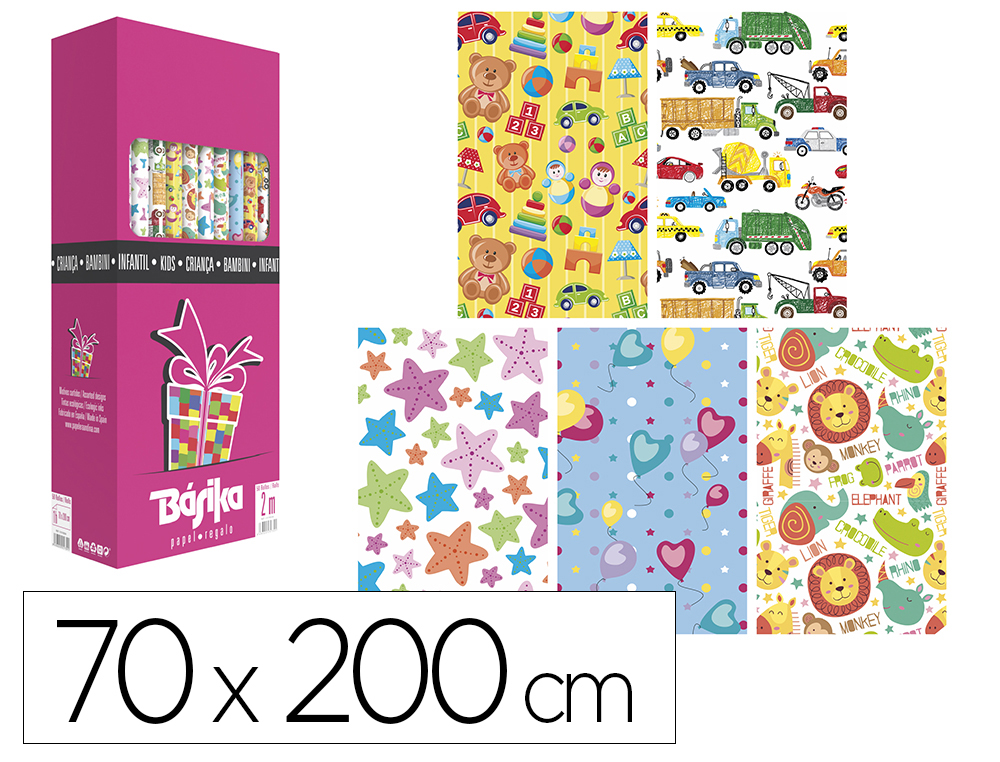PAPEL FANTASIA BASIKA INFANTIL ROLO LARGURA 70 CM COMPRIMENTO 2 M DESENHOS SORTIDOS GRAMAGEM 60 GR