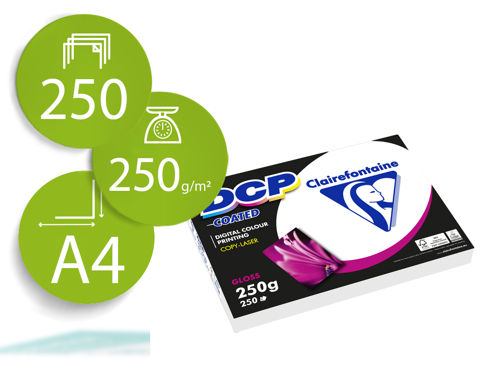 PAPEL FOTOCOPIA COLOR DCP COATED GLOSSY DIN A4 250 GR EMBALAGEM 250 FOLHAS