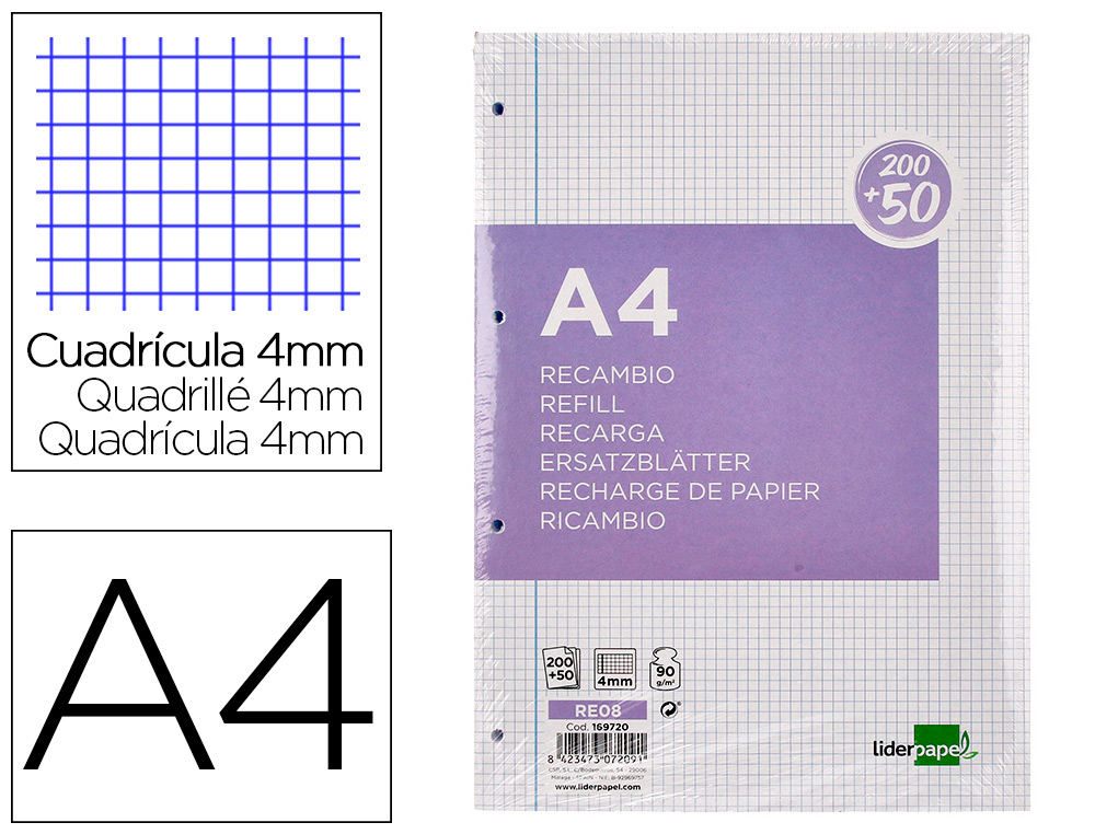 RECARGA LIDERPAPEL A4 200+50 FOLHAS 90 GR QUADRICULA 4 MM COM MARGEM 4 FUROS