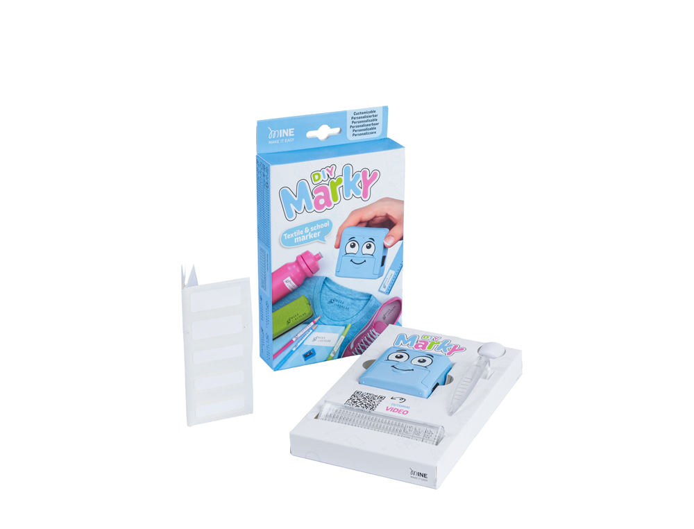 CARIMBO MARCADOR DE ROUPA MARKY INFANTIL AZUL INCLUI TINTA KIT DE ETIQUETAS E FITA TERMOADESIVA