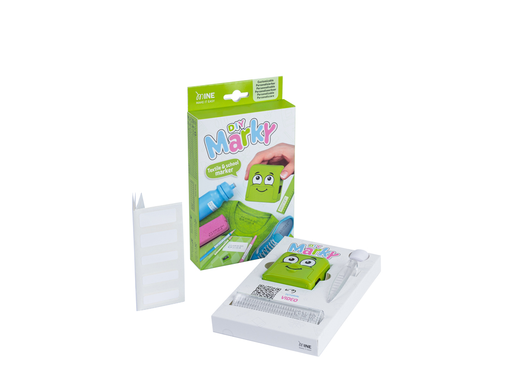 CARIMBO MARCADOR DE ROUPA MARKY INFANTIL VERDE INCLUI TINTA KIT DE ETIQUETAS E FITA TERMOADESIVA