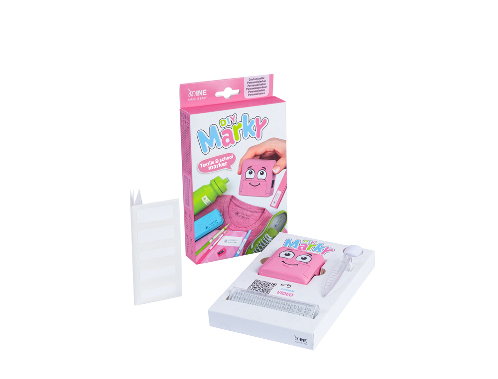 CARIMBO MARCADOR DE ROUPA MARKY INFANTIL ROSA INCLUI TINTA KIT DE ETIQUETAS E FITA TERMOADESIVA