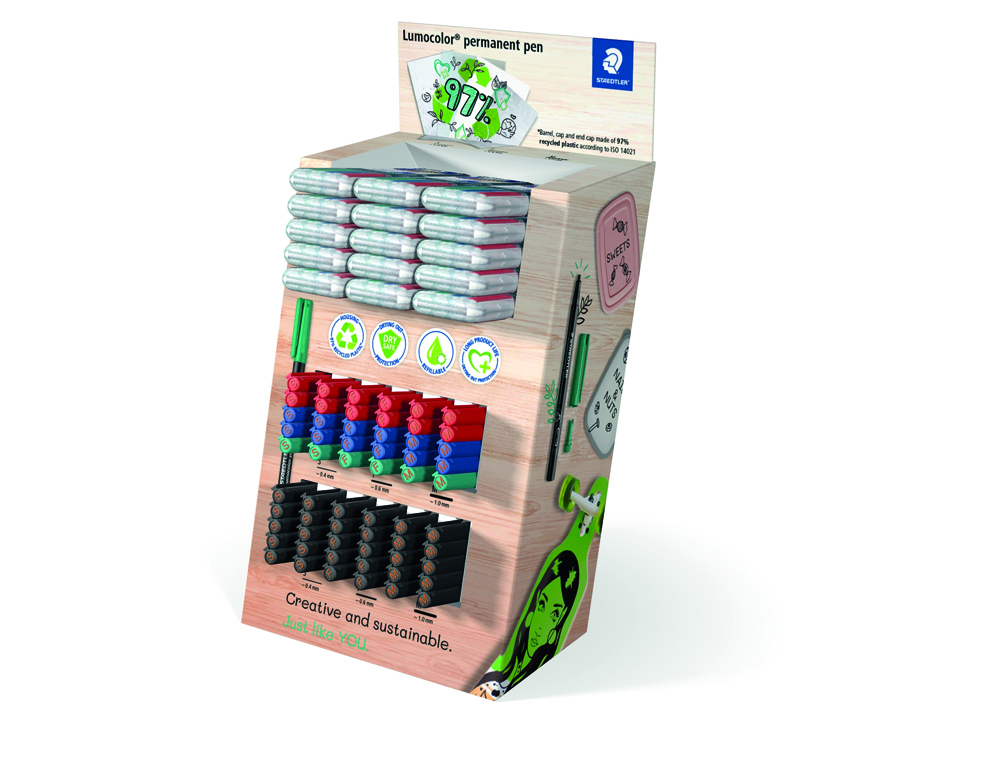 MARCADOR STAEDTLER LUMOCOLOR PONTA DE FIBRA PERMANENTE EXPOSITOR DE 60 UNIDADES CORES SORTIDAS