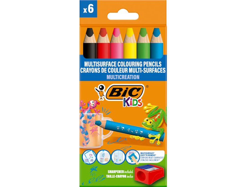 LAPIS DE COR BIC MULTISUPERFICIES TRIANGULARES MINA APAGAVEL CAIXA DE 6 UNIDADES CORES SORTIDAS + APARA LAPIS