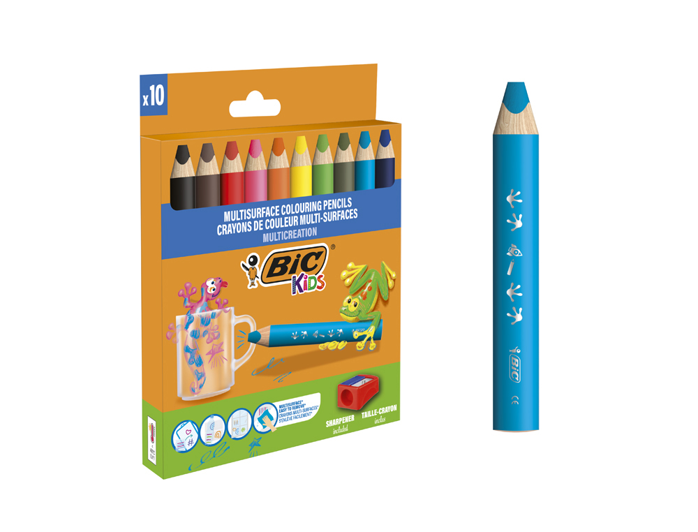 LAPIS DE COR BIC MULTISUPERFICIES TRIANGULARES MINA APAGAVEL CAIXA DE 10 UNIDADES CORES SORTIDAS + APARA LAPIS