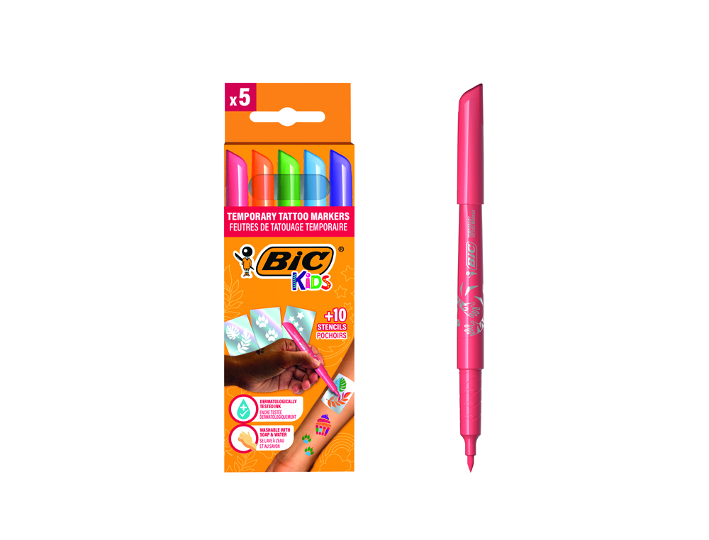 MARCADOR BIC KIDS TATTOO CAIXA DE 5 UNIDADES CORES SORTIDAS + 10 MOLDES