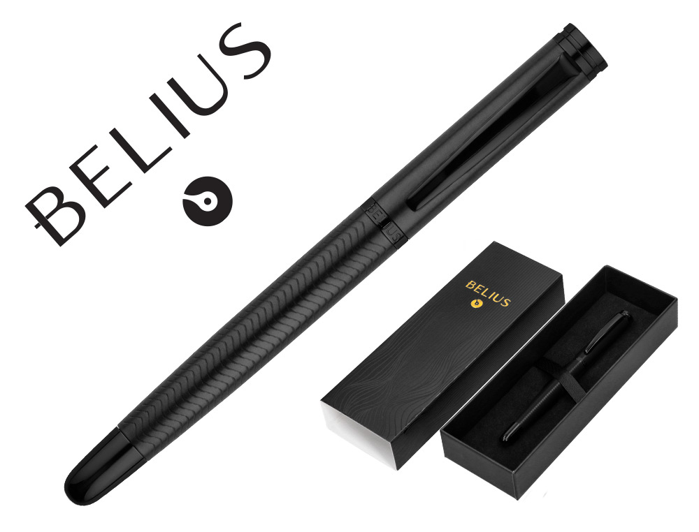CANETA BELIUS NEPTUNO ALUMINIO TEXTURA WAVY COR PRETO TINTA AZUL CAIXA DE DESIGN