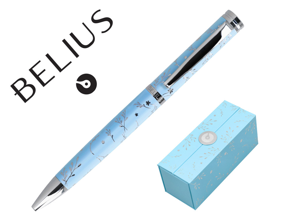 ESFEROGRAFICA BELIUS BELLA ALUMINIO COR AZUL CELESTE DESENHO PRATEADO RELEVO TINTA AZUL CAIXA DE DESIGN