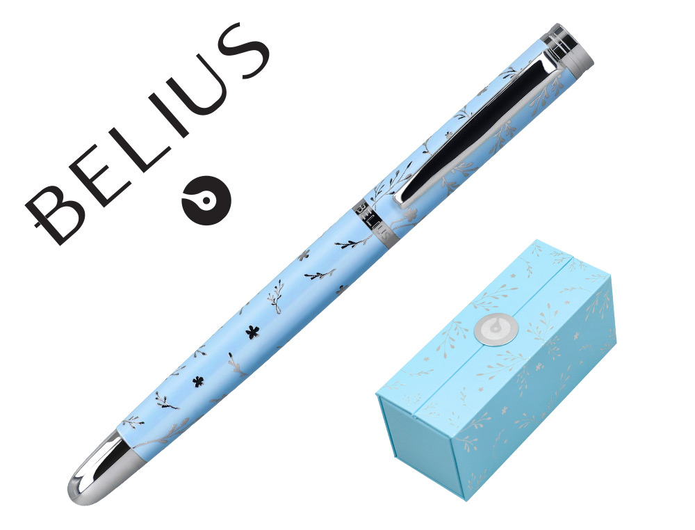CANETA BELIUS BELLA ALUMINIO COR AZUL CELESTE DESENHO PRATEADO RELEVO TINTA AZUL CAIXA DE DESIGN