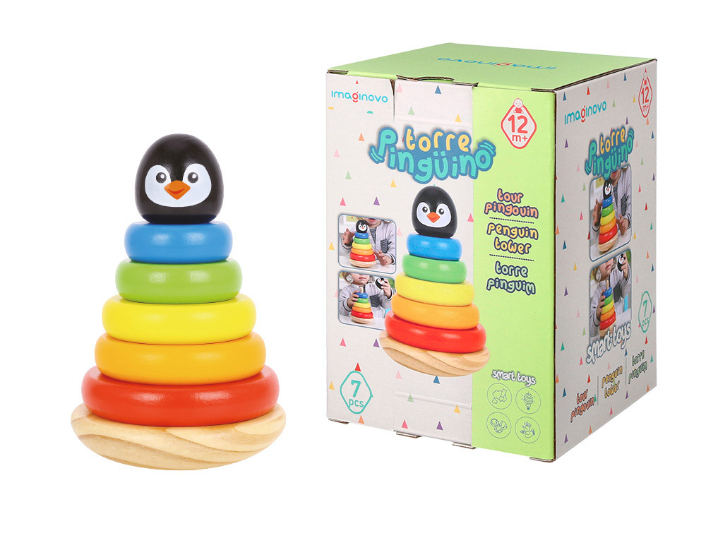 JOGO INFANTIL IMAGINOVO MADEIRA FORMA DE PINGUIM TORRE DE FORMAS EMPILHAVEIS +12 MESES 7 PECAS 18X12X12CM