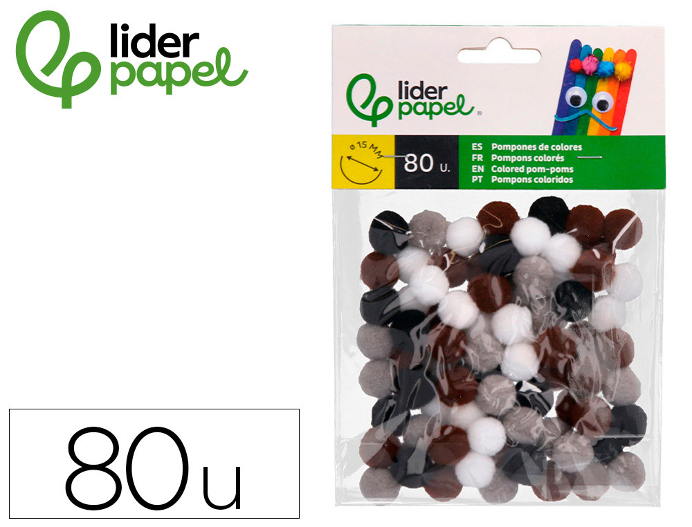 POMPONS DE CORES LIDERPAPEL 1,5 CM TONALIDADES NEUTRAS BOLSA COM 80 UNIDADES