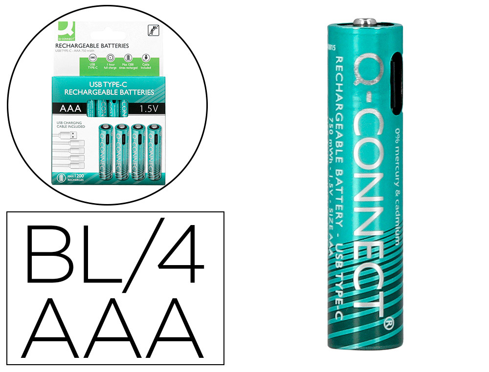 PILHA Q-CONNECT AAA RECARREGAVEL POR USB-C BLISTER DE 4 UNIDADES