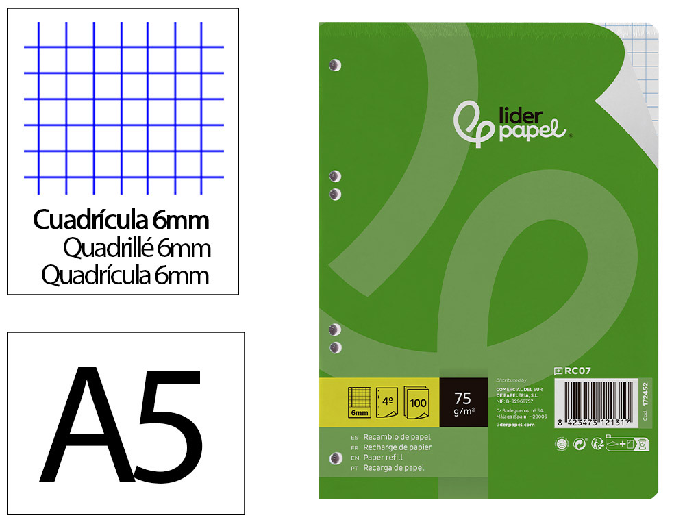 RECAMBIO LIDERPAPEL DIN A5 100 HOJAS 75 GR CUADRO 6MM CON MARGEN 6 TALADROS