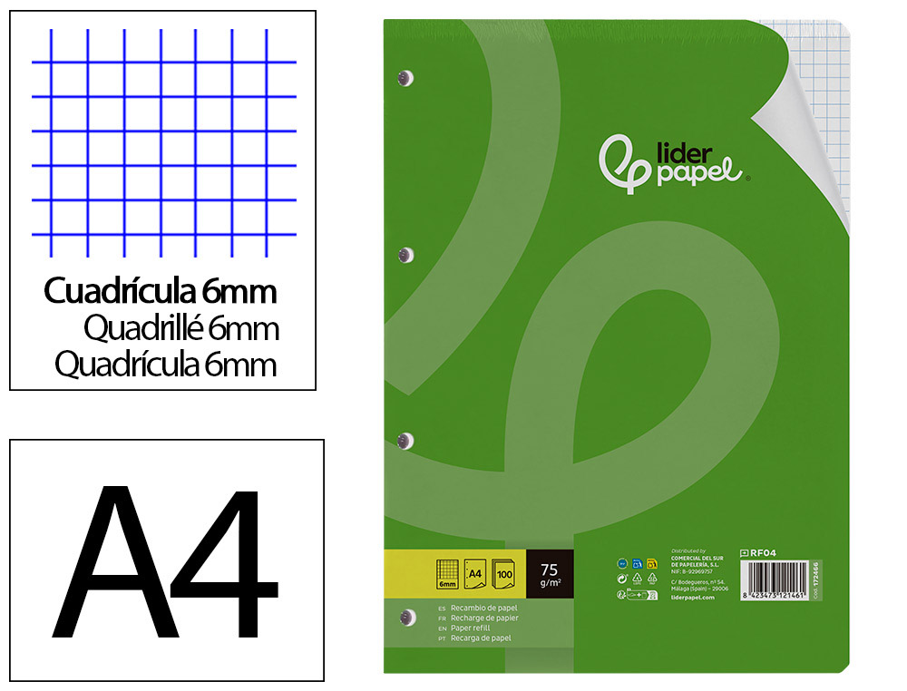 RECAMBIO LIDERPAPEL DIN A4 100 HOJAS 75 GR CUADRO 6 MM 4 TALADROS CON MARGEN