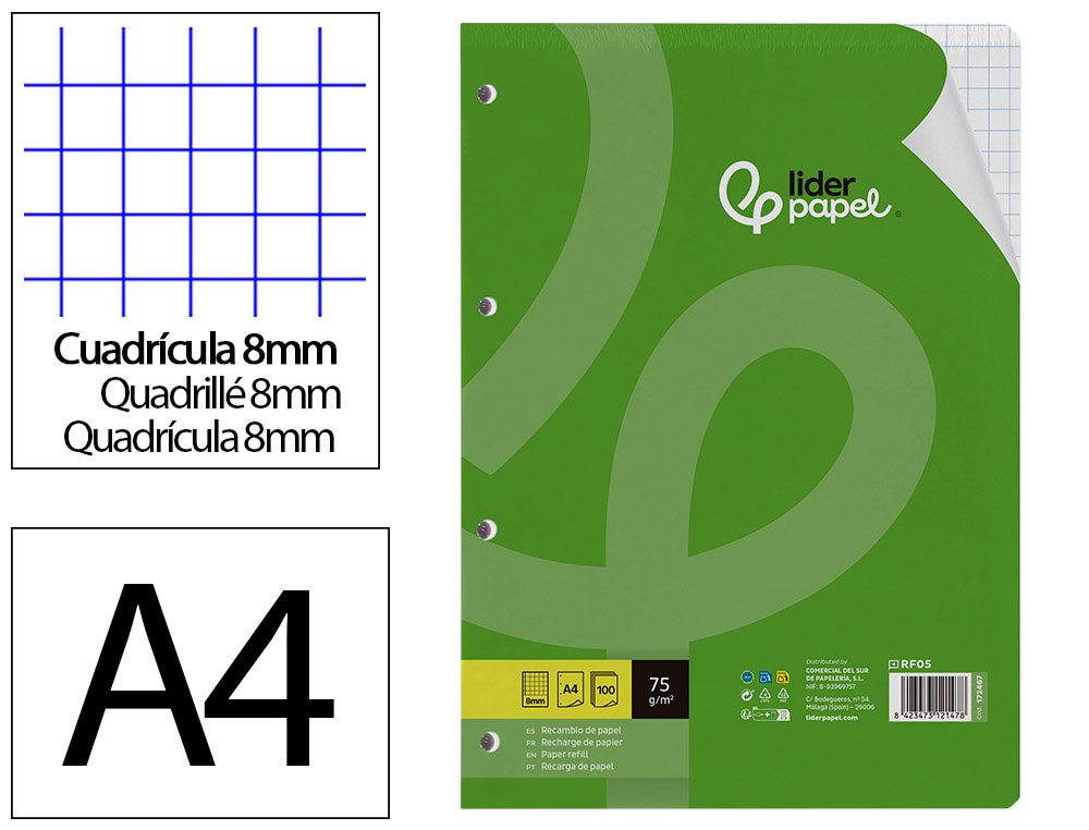 RECAMBIO LIDERPAPEL DIN A4 100 HOJAS 75 GR CUADRO 8 MM CON MARGEN 4 TALADROS