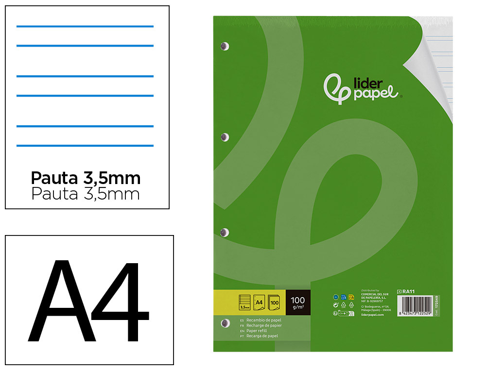RECAMBIO LIDERPAPEL A4 100 HOJAS 100G/M2 PAUTA 4 3,5MM CON MARGEN 4 TALADROS
