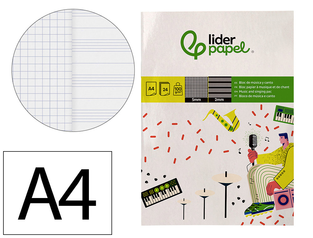 BLOCO MUSICA E CANTO LIDERPAPEL PENTAGRAMA PAUTADO 2 MM QUADRICULA 5MM DIN A4 24 FOLHAS 100 GR