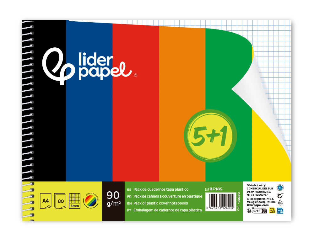 CADERNO ESPIRAL LIDERPAPEL DIN A4 CAPA POLIPROPILENO 80 F 75 GR QUADRICULA 4MM COM MARGEM PACK 5+1 CORES SORTIDAS
