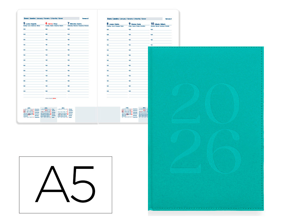 AGENDA ENCADERNADA LIDERPAPEL CRETA 15X21 2026 SEMANA VISTA TURQUESA PAPEL 70 GR FSC