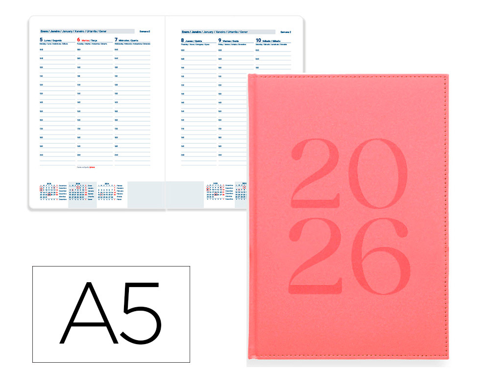 AGENDA ENCADERNADA LIDERPAPEL CRETA 15X21 2026 SEMANA VISTA ROSA PAPEL 70 GR FSC