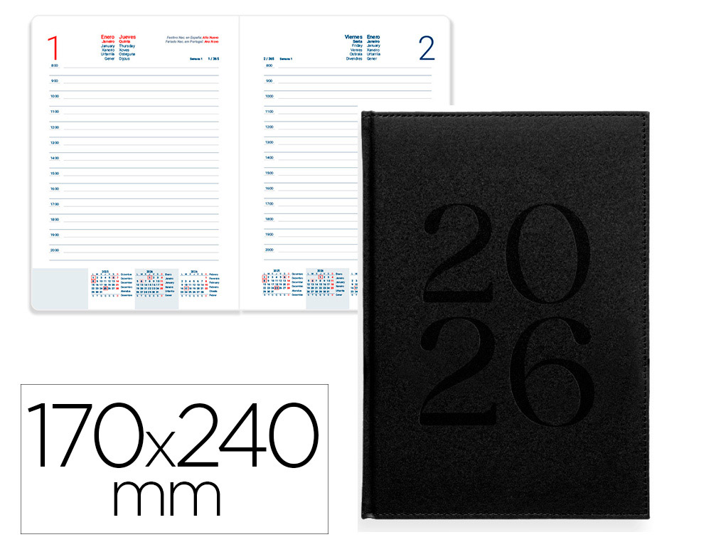 AGENDA ENCADERNADA LIDERPAPEL CRETA 17X24 2026 DIA PAGINA PRETO PAPEL 70 GR FSC