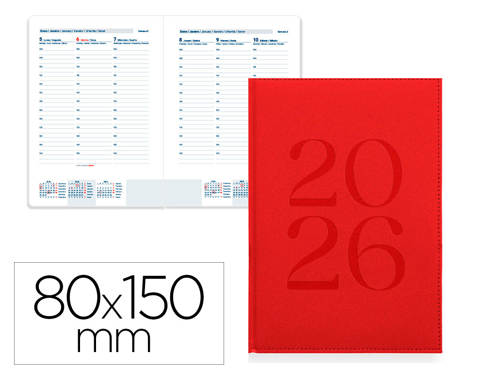 AGENDA ENCADERNADA LIDERPAPEL CRETA 8X15 2026 SEMANA VISTA VERMELHO PAPEL 70 GR FSC
