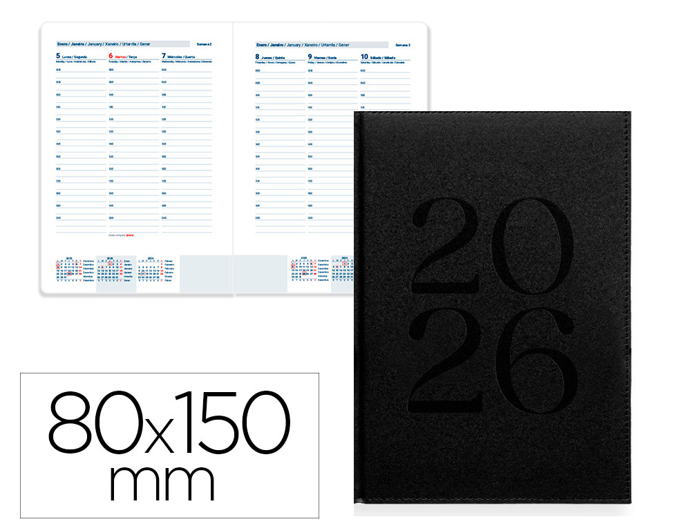 AGENDA ENCADERNADA LIDERPAPEL CRETA 8X15 2026 SEMANA VISTA PRETO PAPEL 70 GR FSC