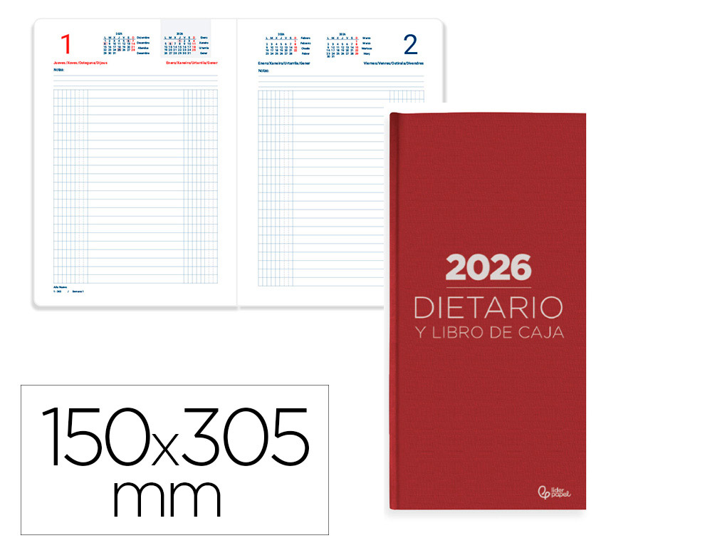 AGENDA ENCADERNADA LIDERPAPEL DIETARIO 150X305MM 2026 DIA PAGINA VERMELHO PAPEL 70 GR FSC