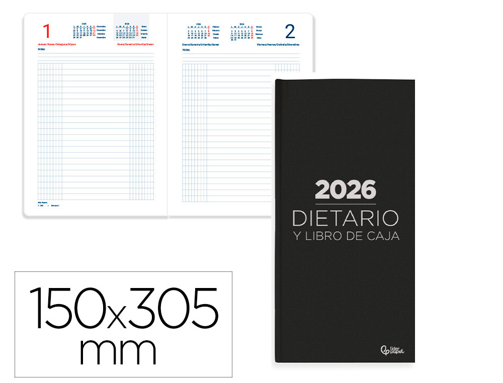 AGENDA ENCADERNADA LIDERPAPEL DIETARIO 150X305MM 2026 DIA PAGINA PRETO PAPEL 70 GR FSC