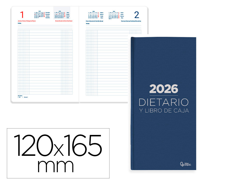 AGENDA ENCADERNADA LIDERPAPEL DIETARIO 120X165MM 2026 DIA PAGINA AZUL PAPEL 70 GR FSC