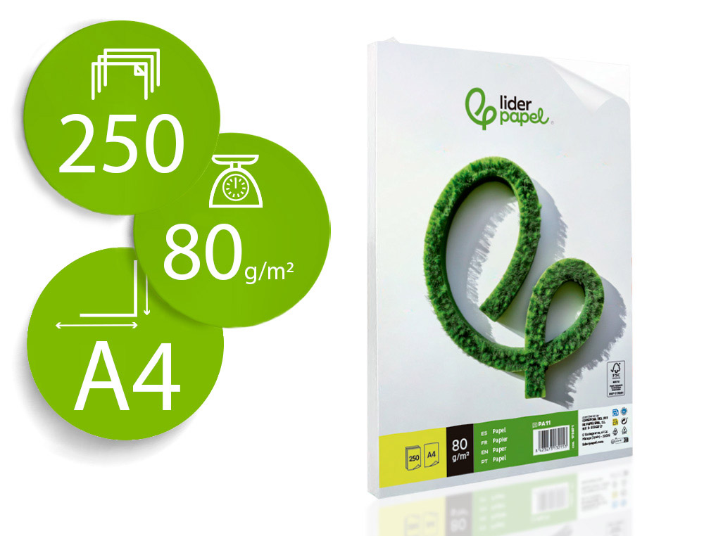 PAPEL LIDERPAPEL A4 80G/M2 LISO PAQUETE DE 250 HOJAS