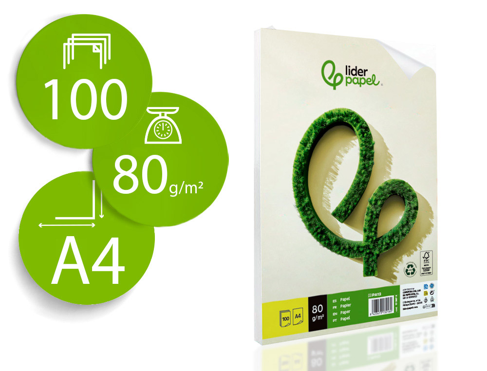 PAPEL LIDERPAPEL A4 80G/M2 RECICLADO LISO PAQUETE DE 100 HOJAS