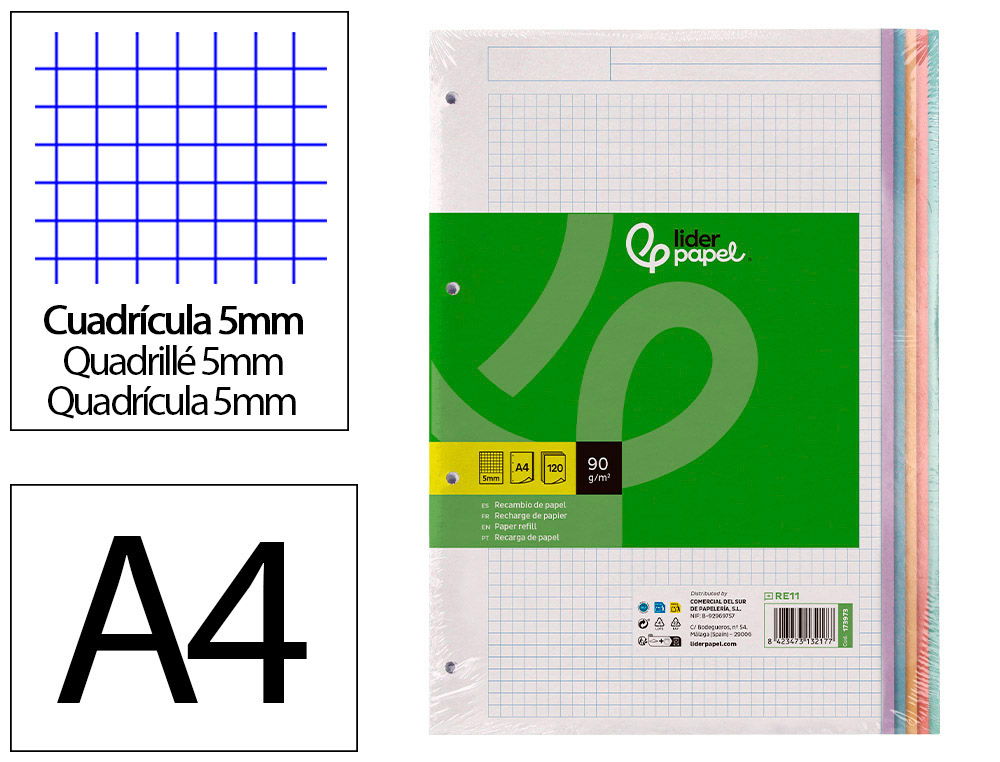 RECAMBIO LIDERPAPEL A4 120 HOJAS 90G/M2 CUADRO 5 MM 4 TALADROS BANDAS DE 5 COLORES PASTELES