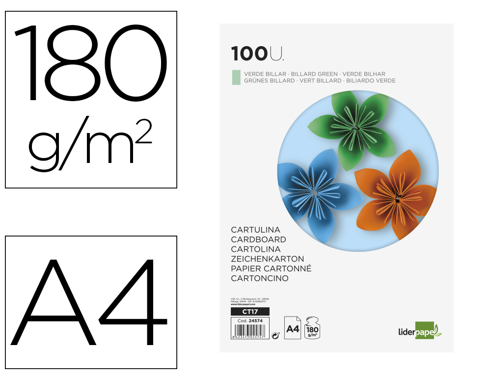 CARTOLINA LIDERPAPEL DIN A4 180 GR VERDE PACK DE 100 UNIDADES