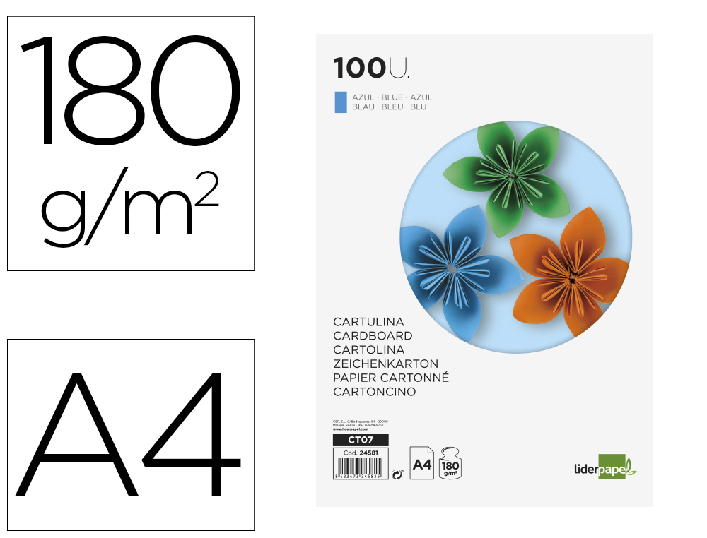 CARTOLINA LIDERPAPEL DIN A4 180 GR AZUL PACK DE 100 UNIDADES