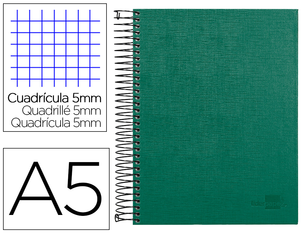 CADERNO ESPIRAL LIDERPAPEL A5 MICRO PAPERCOAT CAPA FORRADA 140 F 75 GR QUADRICULA 5MM 5 BANDAS 6 FUROS VERDE