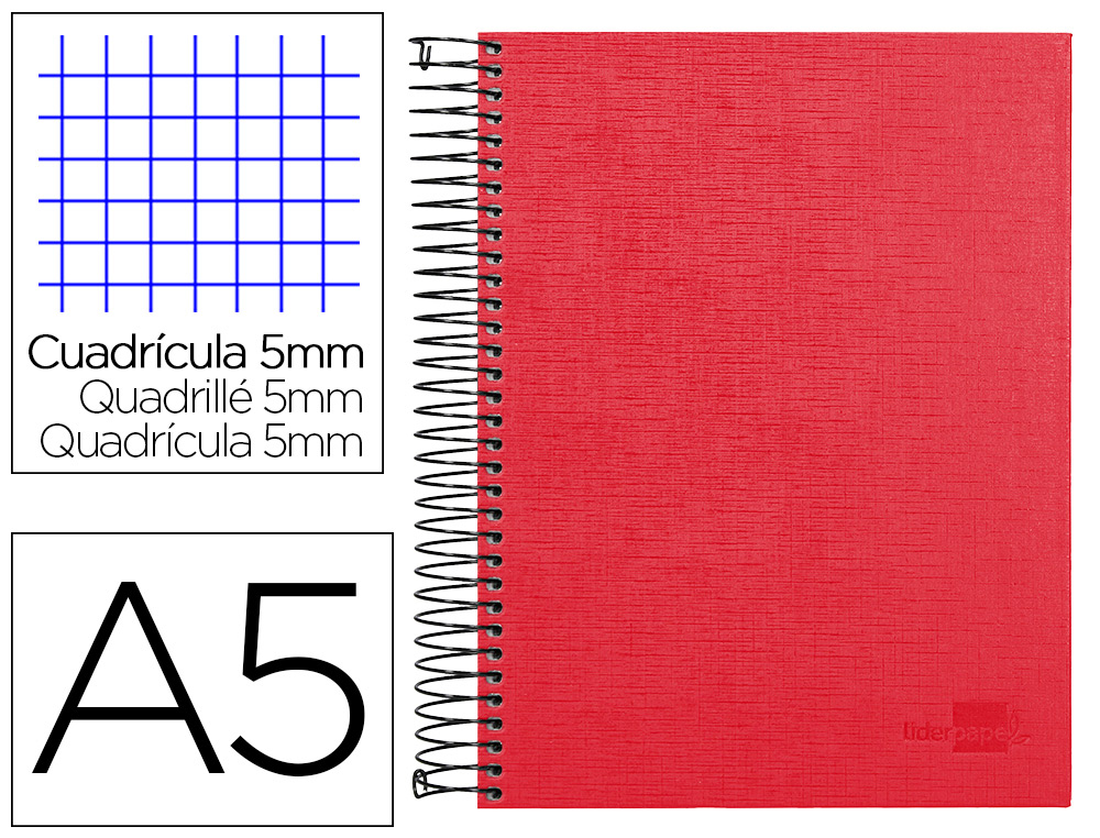 CADERNO ESPIRAL LIDERPAPEL A5 MICRO PAPERCOAT CAPA FORRADA 140 F 75 GR QUADRICULA 5MM 5 BANDAS 6 FUROS VERMELHO