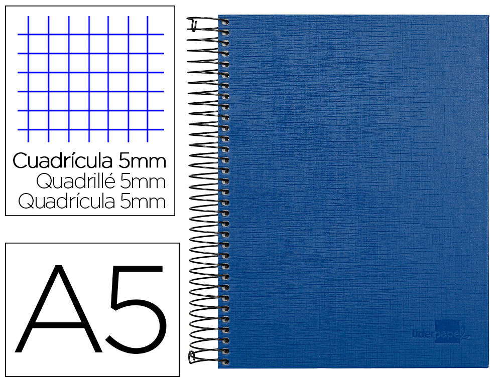 CADERNO ESPIRAL LIDERPAPEL A5 MICRO PAPERCOAT CAPA FORRADA 140 F 75 GR QUADRICULA 5MM 5 BANDAS 6 FUROS AZUL