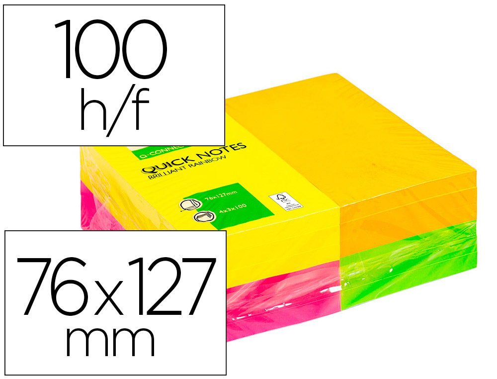 BLOCO DE NOTAS ADESIVAS Q-CONNECT FLUORESCENTE 127 X 76 MM COM 100 FOLHAS PACK DE 12 EM 4 CORES