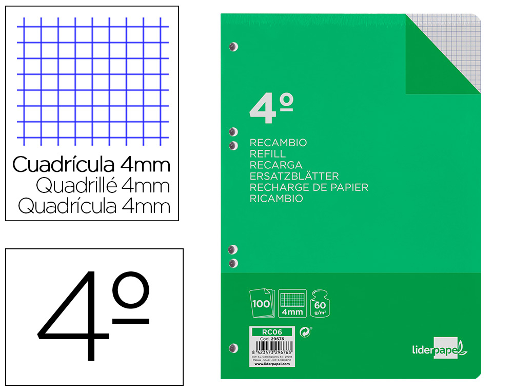 RECARGA LIDERPAPEL QUARTO 100 F 6TC-01 QUADRICULADO 4 MM 6 FUROS UNIVERSAL COM MARGEM