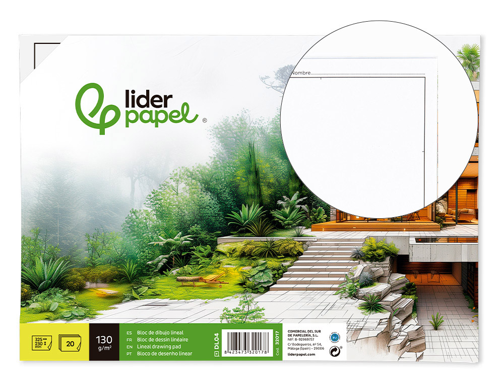 BLOCO DE DESENHO LIDERPAPEL LINEAL COLADO 230X325MM 20 FOLHAS 130GR COM ESQUADRIA