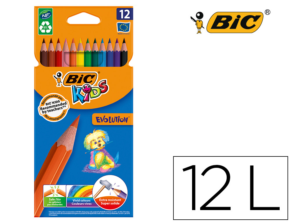 LAPIS DE COR BIC KID EVOLUTION ESTOJO DE 12 CORES SORTIDAS MINA ULTRA RESISTENTE