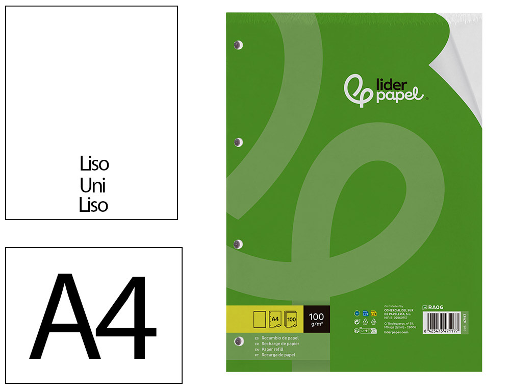 RECARGA LIDERPAPEL DIN A4 100 FOLHAS 100G/M2 LISO SEM MARGEM 4 FUROS