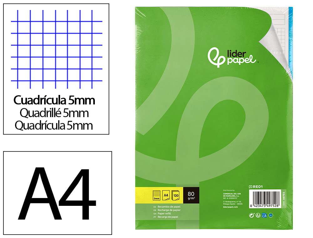 RECARGA LIDERPAPEL DIN A4 120 F QUADRICULA DE 5 MM MARGEM COM BANDAS 5 CORES PAPEL DE 70 GR