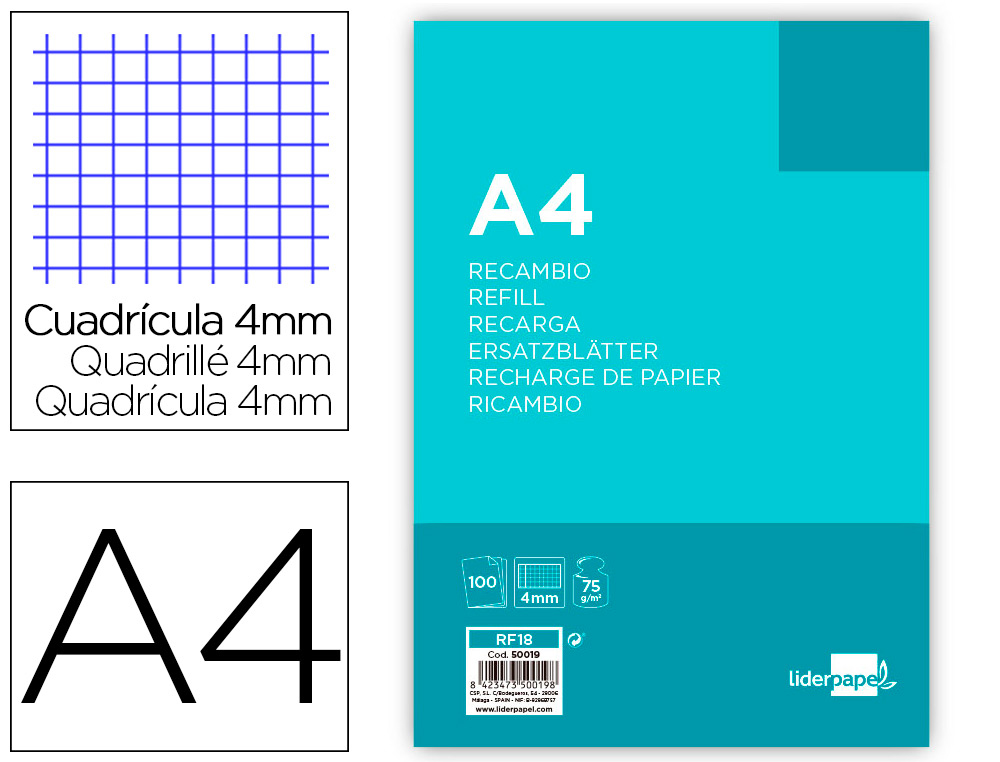 RECARGA LIDERPAPEL FOLIO 100 FOLHAS 80 GR QUADRICULADO 4 MM 16 FUROS COM MARGEM FSC-MISTO FSC-STD-40