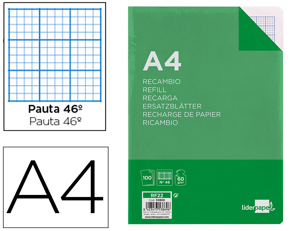 RECAMBIO LIDERPAPEL FOLIO 100 H. RAYADO N 46 4 TALADROS 60 GR.