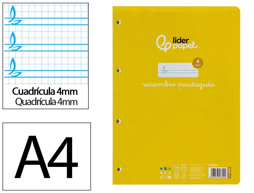 RECAMBIO LIDERPAPEL FOLIO 100 H 4 TALADROS 70 GR CUADRICULADO PAUTADO 4 MM CON MARGEN
