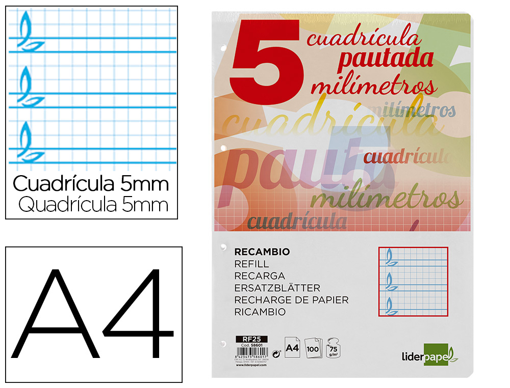 RECAMBIO LIDERPAPEL FOLIO 100 H 4 TALADROS 70 GR CUADRICULADO PAUTADO 5 MM CON MARGEN