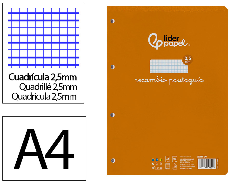 RECAMBIO LIDERPAPEL FOLIO 100 H 4 TALADROS 70 GR CUADRICULADO PAUTADO 2,5 MM CON MARGEN